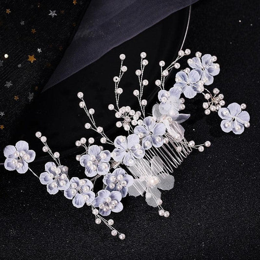 Accesoriu de par, argintiu, cu floricele bleu si perle, Thia C11 - Pursehuit.ro