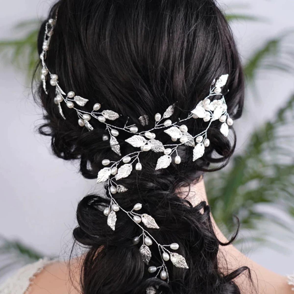 Accesoriu de par, argintiu, lung, cu frunzulite si perle, Hector C8 - Pursehuit.ro