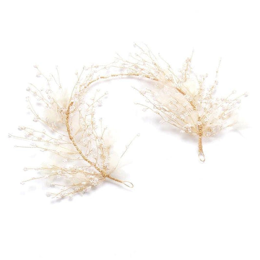 Accesoriu de par, auriu, cu flori albe si margelute, Rovena C6 - Pursehuit.ro