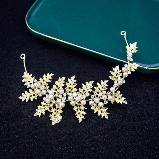 Accesoriu de par, auriu, cu frunzulite, pietre si perle, Malfrid C5 - Pursehuit.ro