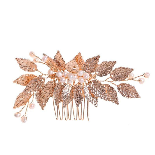 Accesoriu de par, auriu, cu frunzulite si perle, Estrid C10 - Pursehuit.ro