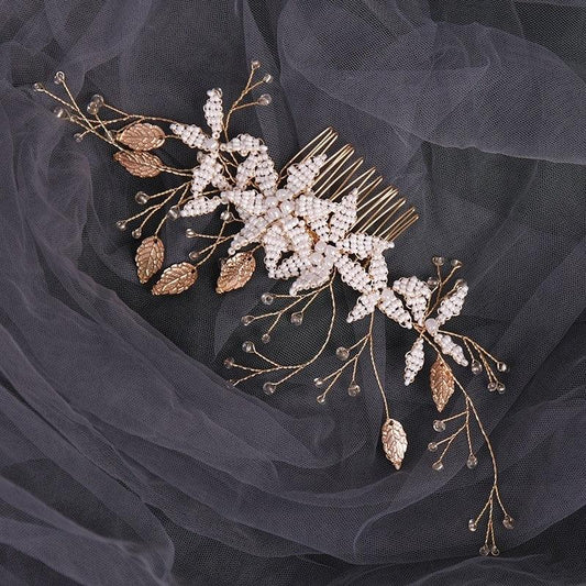 Accesoriu de par, auriu, cu frunzulite si perlute, Elvis C15 - Pursehuit.ro