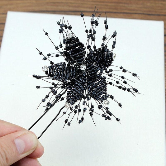 Accesoriu de par, negru, tip ac, cu floare si margelute, Cornelie C9 - Pursehuit.ro