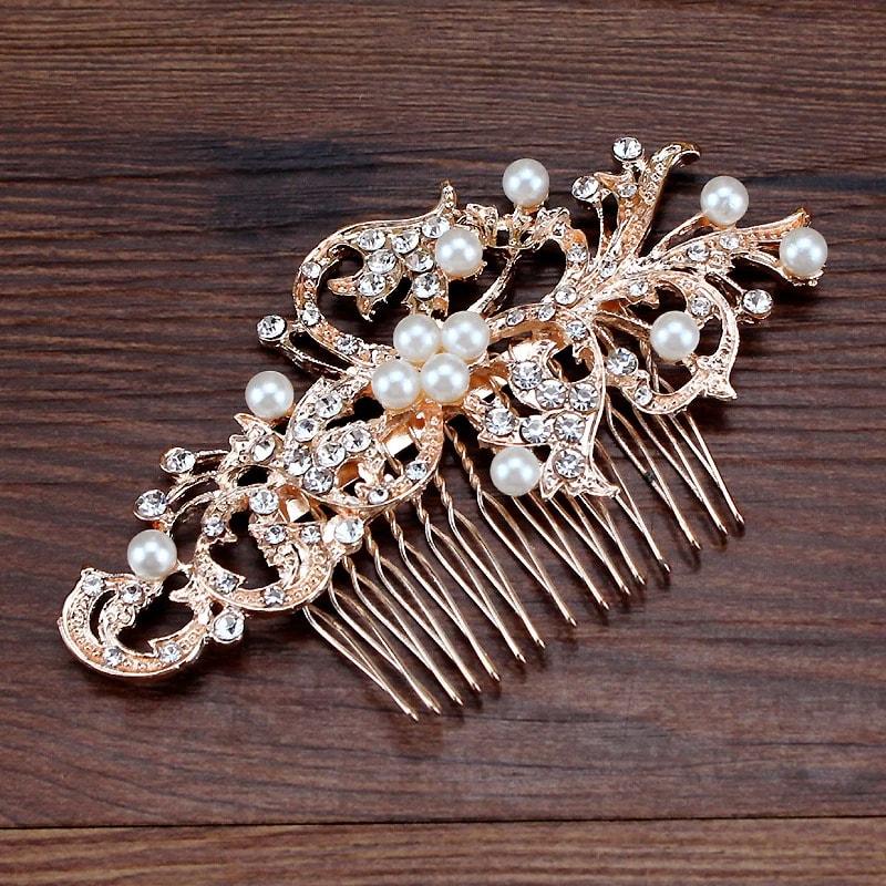 Accesoriu de par, rose gold, cu pietre si perle, Rina C8 - Pursehuit.ro