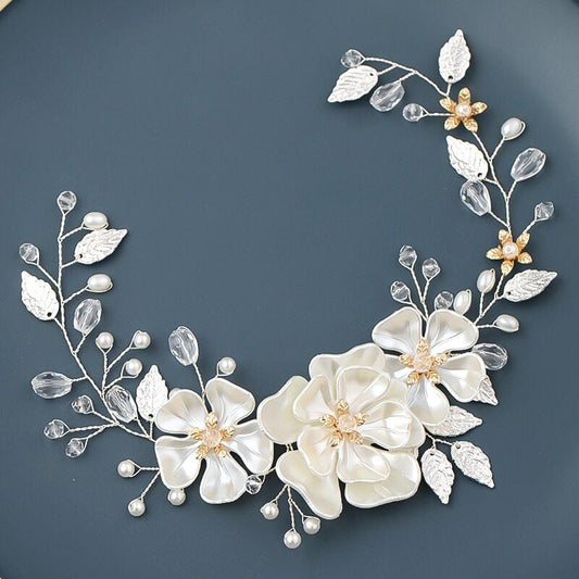 Accesoriu par, argintiu, cu flori si perle, Maylis C9 - Pursehuit.ro