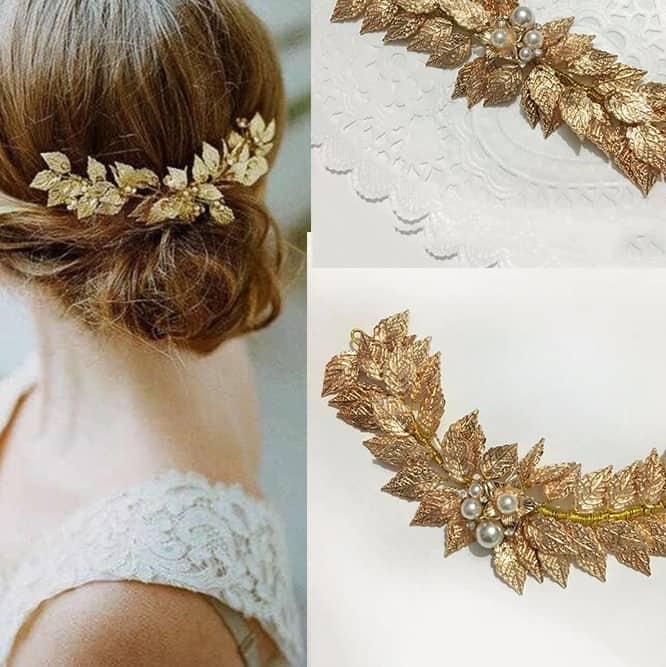 Accesoriu par, auriu, cu frunze si perle, Magrith C1 - Pursehuit.ro