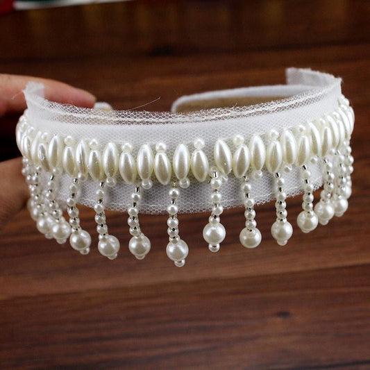 Bentita alba, cu plasa si franjuri din perle, Ilva C3 - Pursehuit.ro