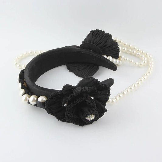 Bentita neagra, bufanta, cu sirag de perle si flori, Nanne C3 - Pursehuit.ro