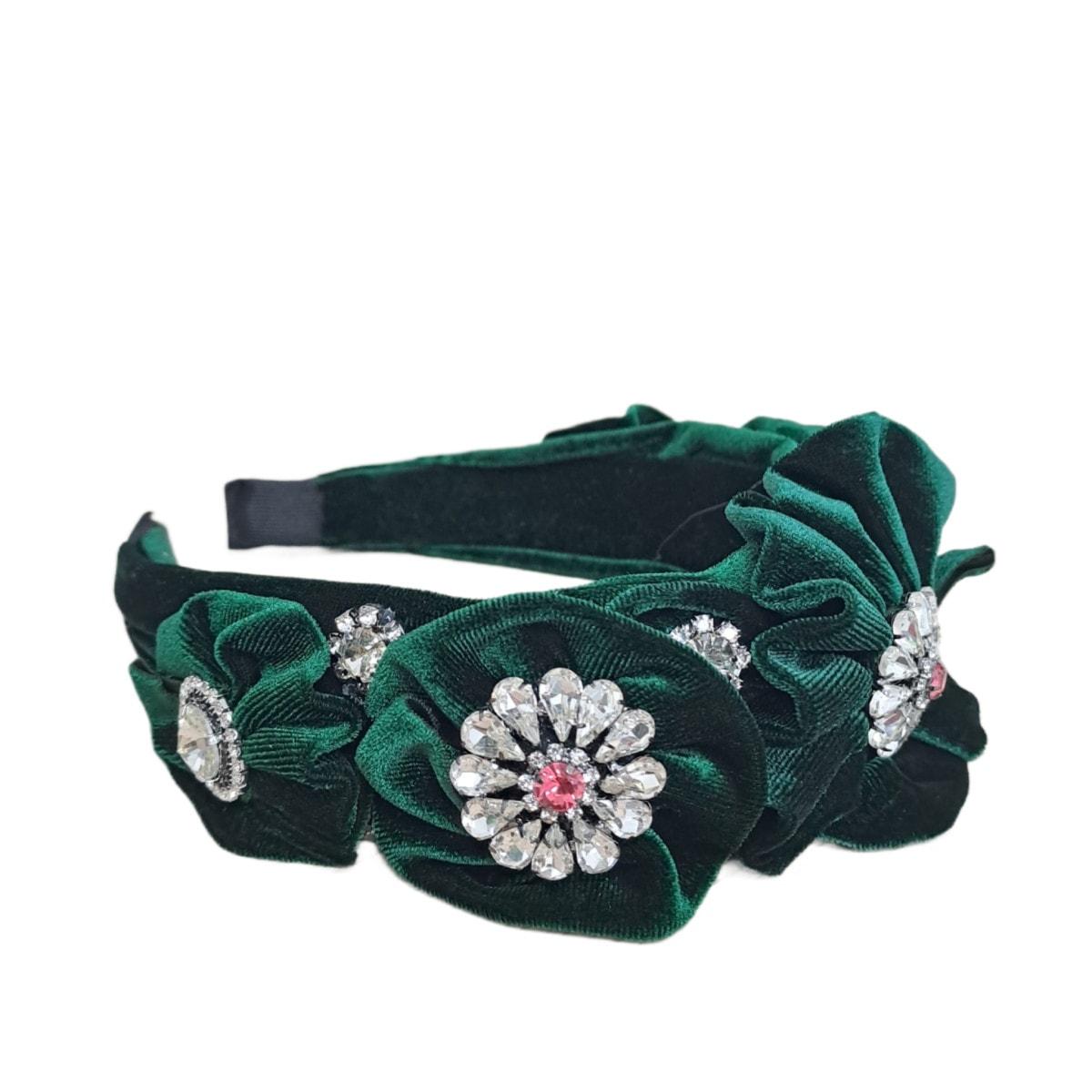 Bentita verde, din catifea, cu pietre, Sajda C5 - Pursehuit.ro