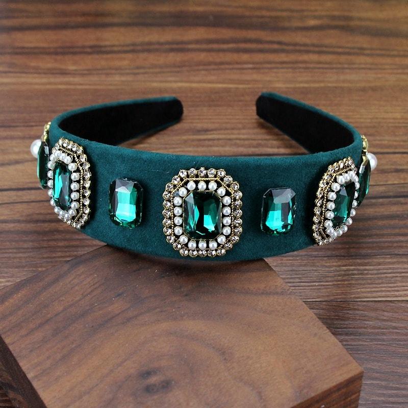 Bentita verde, stil vintage, cu pietre si perlute, Almira C2 - Pursehuit.ro