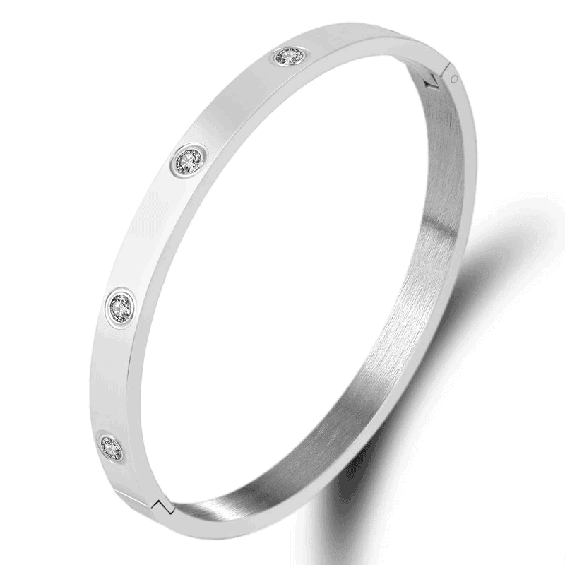 Bratara argintie, din otel inoxidabil, tip bangle, cu pietre, suflata cu aur 18k, Klara C1 - Pursehuit.ro