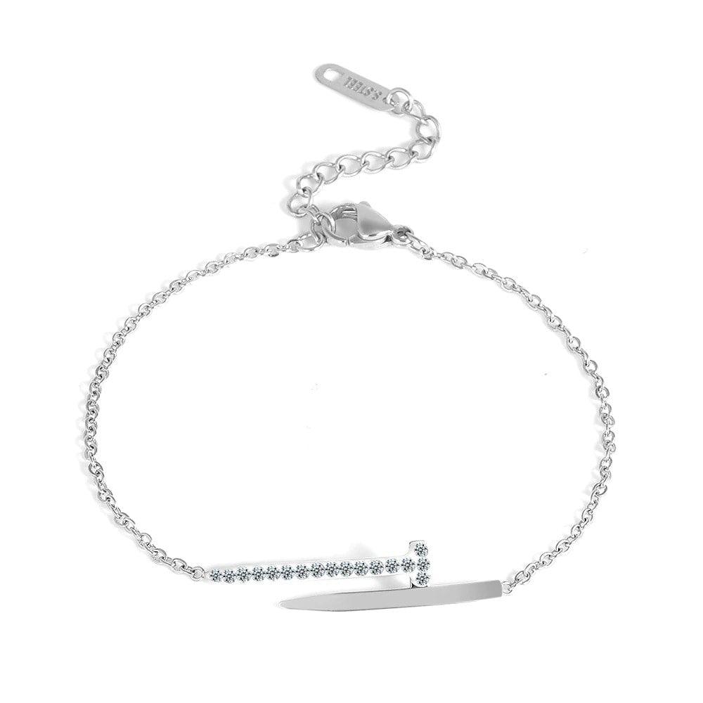 Bratara argintie, din otel inoxidabil, forma de cui, cu pietre, suflata cu aur 18k, Kiera C1 - Pursehuit.ro