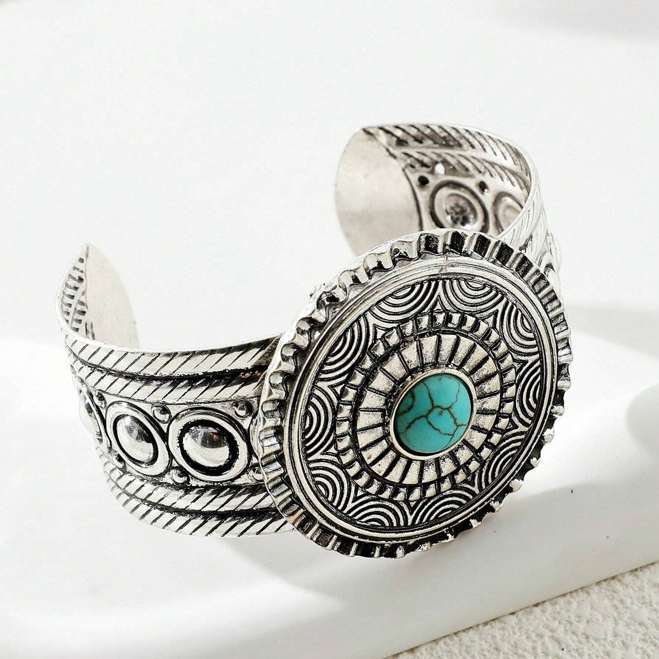 Bratara argintie, stil indian, reglabila, cu piatra turquoise, Petter C9