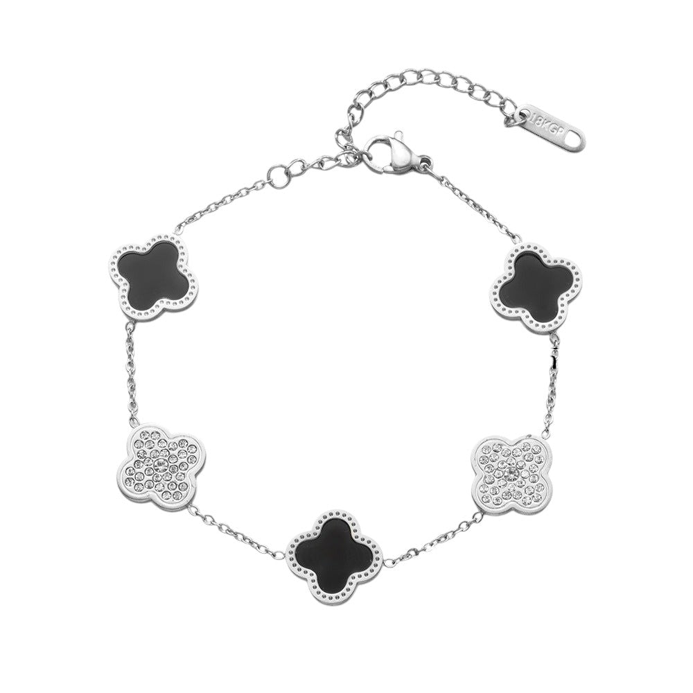 Bratara argintie, din otel inoxidabil, suflata cu aur 18k, cu piese in forma de trifoi stilizat si pietre, Jeniffer C6