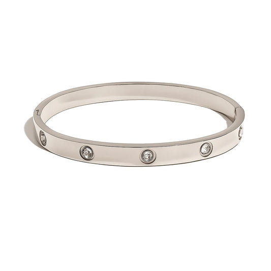 Bratara argintie, din otel inoxidabil, suflata cu aur 18k, tip bangle, cu pietre din zirconiu, Palma C4