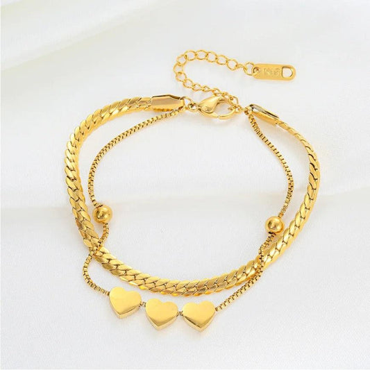 Bratara aurie, din otel inoxidabil, in 2 straturi, cu inimioare, suflata cu aur 18k, Bekka C2 - Pursehuit.ro