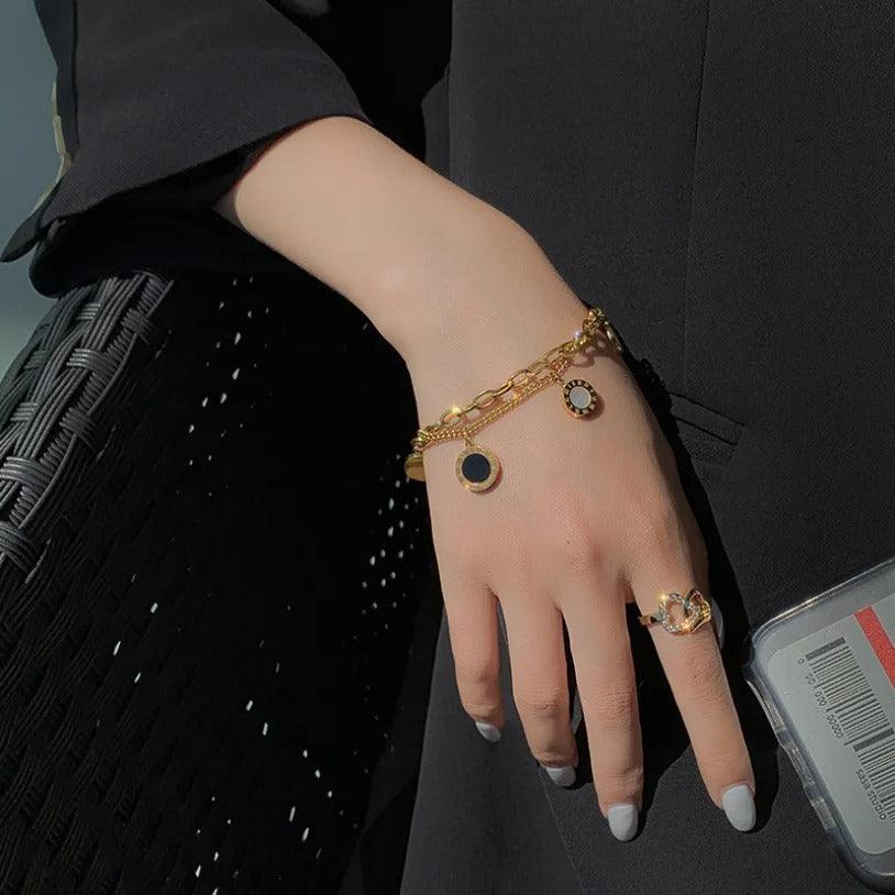 Bratara aurie, din otel inoxidabil, in 2 straturi, cu piese rotunde, suflata cu aur 18k, Bela C2 - Pursehuit.ro