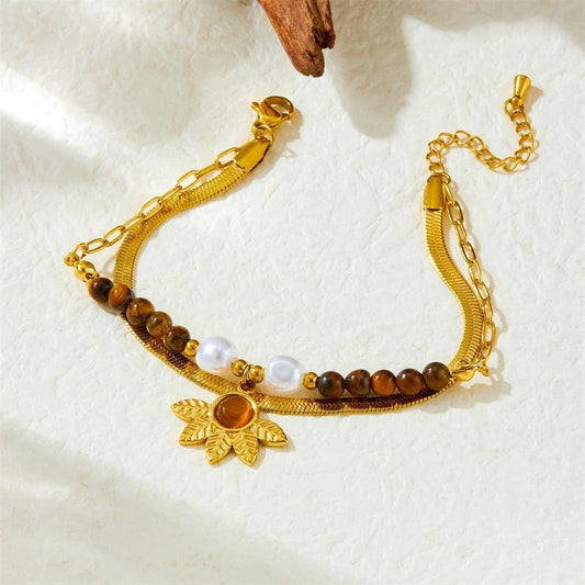 Bratara aurie, din otel inoxidabil, suflata cu aur 18k, cu margelute maro si perle, Emerik C3 - Pursehuit.ro