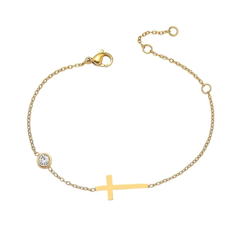 Bratara aurie, din otel inoxidabil, suflata cu aur 18k, cu piatra din zirconiu si cruciulita, Jevanna C6