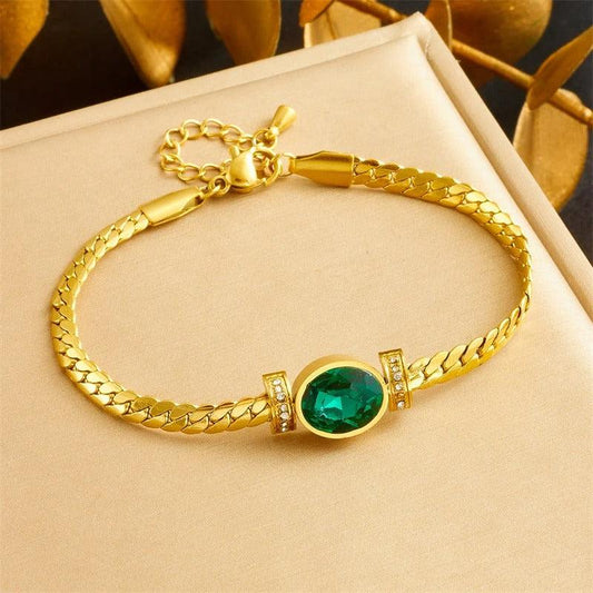 Bratara aurie, din otel inoxidabil, suflata cu aur 18k, cu piatra verde, Emmar C3 - Pursehuit.ro