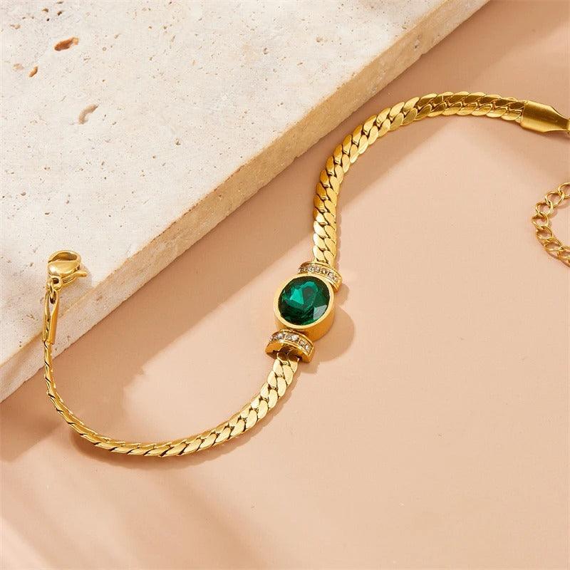 Bratara aurie, din otel inoxidabil, suflata cu aur 18k, cu piatra verde, Emmar C3 - Pursehuit.ro