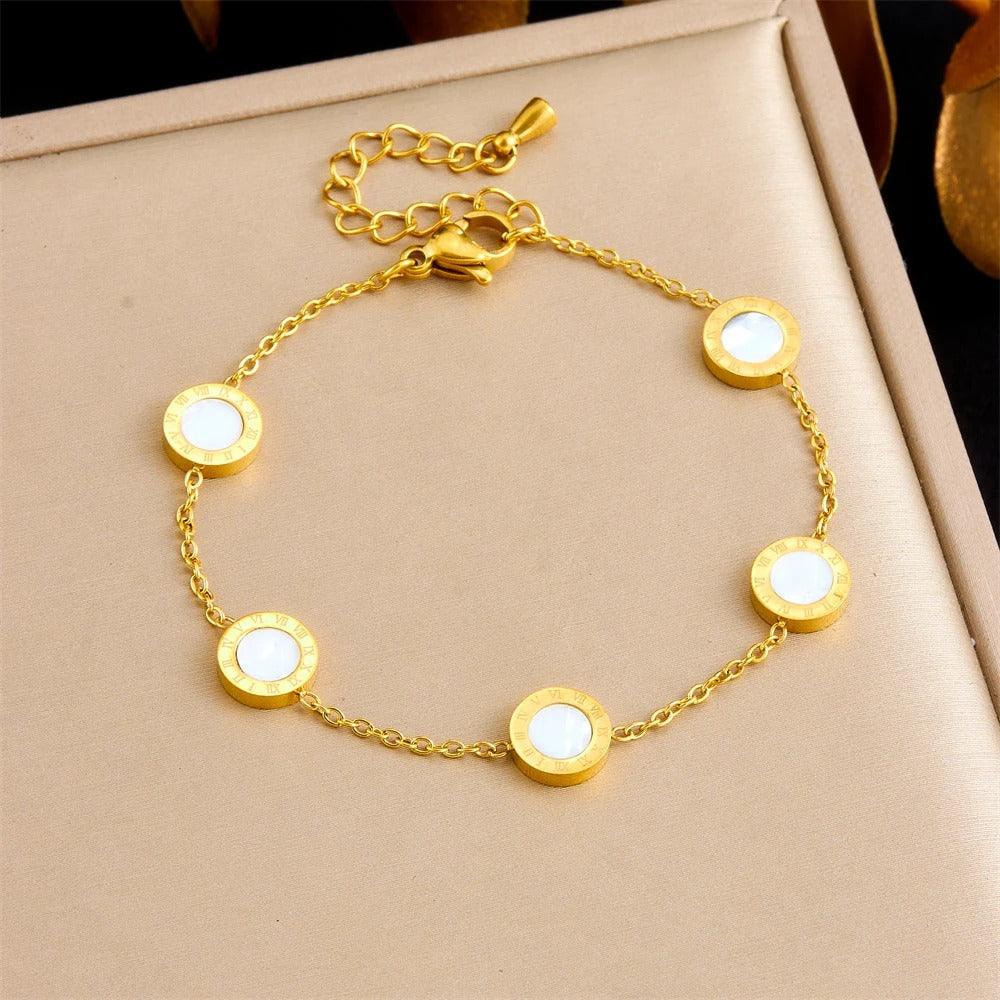 Bratara aurie, din otel inoxidabil, suflata cu aur 18k, cu piese rotunde, Ellenor C3 - Pursehuit.ro