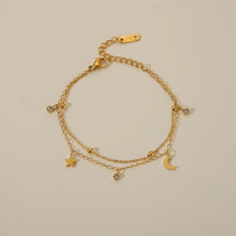 Bratara aurie, din otel inoxidabil, suflata cu aur 18k, cu stelute, luna si pietre din zirconiu, Isabela C5