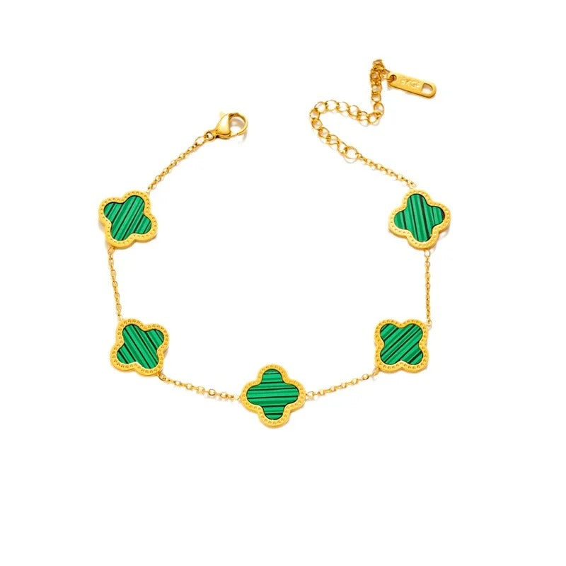 Bratara aurie, din otel inoxidabil, suflata cu aur 18k, cu trifoi verde, Pippa C4