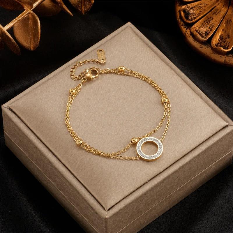 Bratara aurie, din otel inoxidabil, suflata cu aur 18k, in 2 straturi, cu pietre, Daisy C10 - Pursehuit.ro