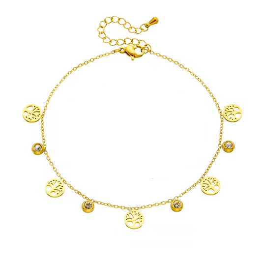 Bratara de picior, aurie, din otel inoxidabil, suflata cu aur 18k, cu copacul vietii si pietre, Abela C4