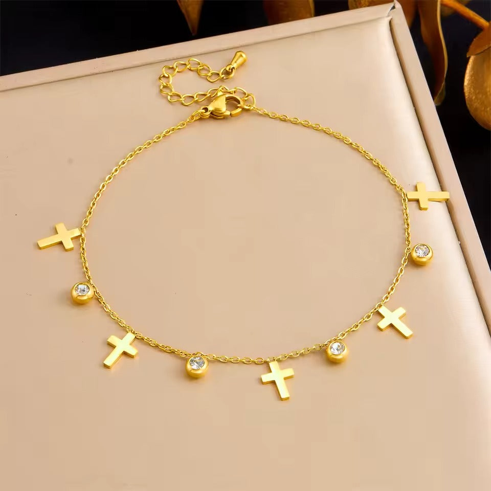 Bratara de picior, aurie, din otel inoxidabil, suflata cu aur 18k, cu cruciulite si pietre, Addie C4