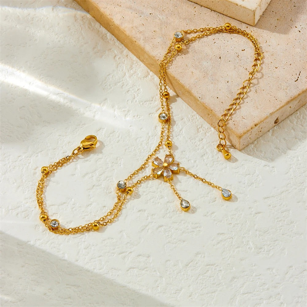 Bratara de picior, aurie, din otel inoxidabil, suflata cu aur 18k, cu floricica si pietre, Adellia C4