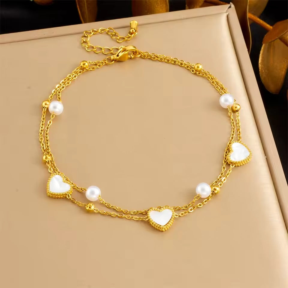 Bratara de picior, aurie, din otel inoxidabil, suflata cu aur 18k, cu inimioare si perlute, Abisai C4