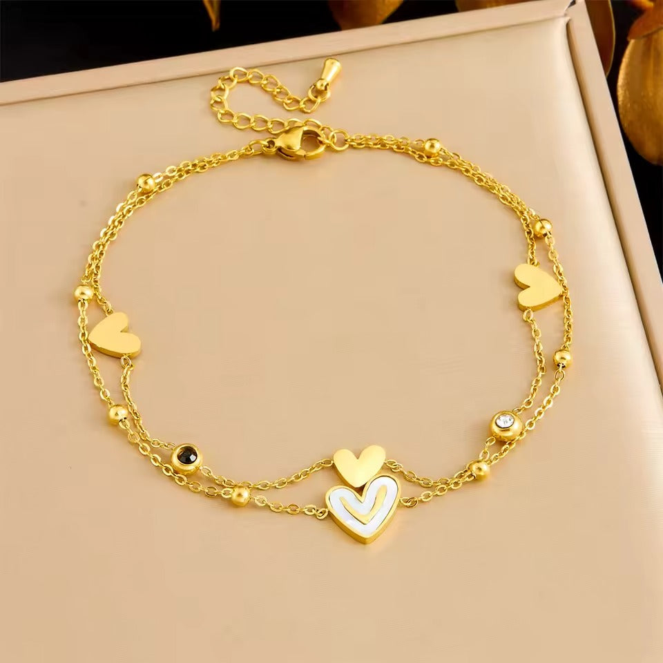 Bratara de picior, aurie, din otel inoxidabil, suflata cu aur 18k, cu inimioare si pietre, Abbygail C4