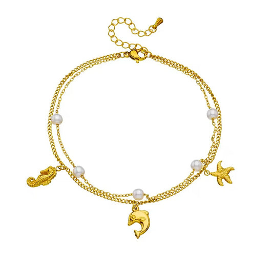 Bratara de picior, aurie, din otel inoxidabil, suflata cu aur 18k, cu motive marine si perlute, Adama C4