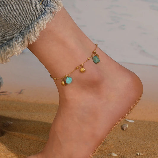 Bratara de picior, aurie, din otel inoxidabil, suflata cu aur 18k, cu scoici metalice si pietre turquoise, Aegir C4