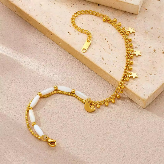 Bratara de picior, aurie, din otel inoxidabil, suflata cu aur 18k, cu semiluna, stea si margelute, Afrodite C4