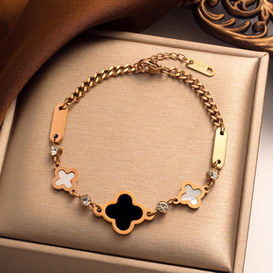 Bratara rose gold, din otel inoxidabil, suflata cu aur 18k, cu trifoi si pietre, Izelin C5