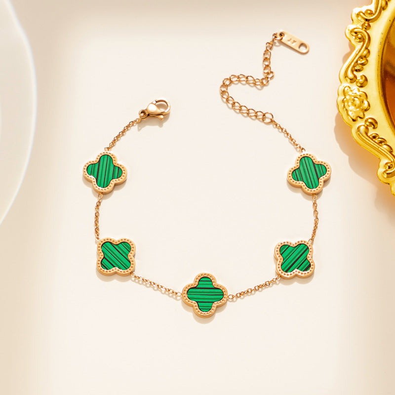 Bratara rose gold, din otel inoxidabil, suflata cu aur 18k, cu trifoi verde, Izabela C5