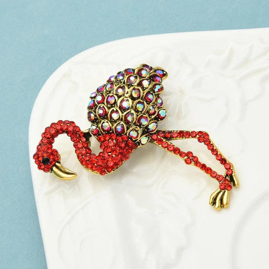 Brosa aurie, forma de pasare flamingo, cu pietre rosii, Liska C3 - Pursehuit.ro