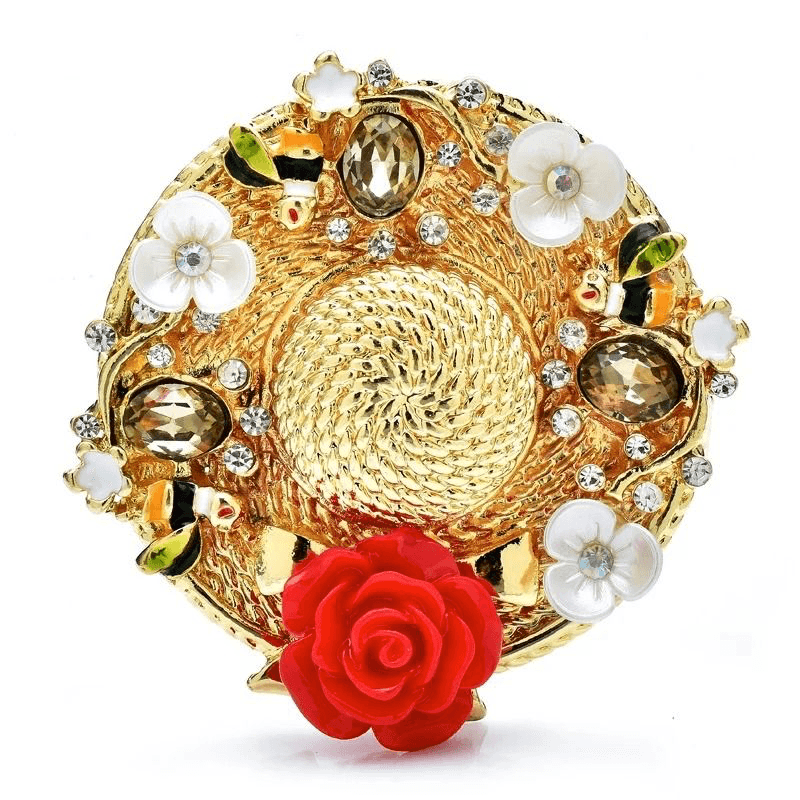 Brosa aurie, forma de palarie, cu floricele si pietre, Aldina C3 - Pursehuit.ro