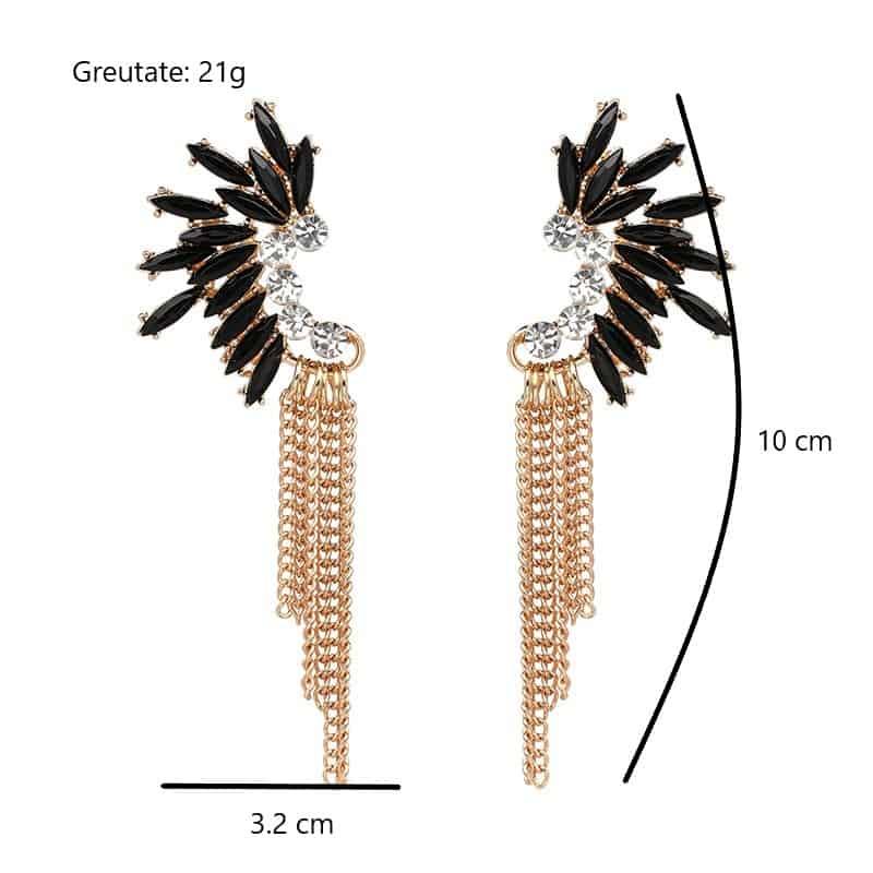 Cercei aurii, cu franjuri si pietre negre, Ellinore C13 - Pursehuit.ro