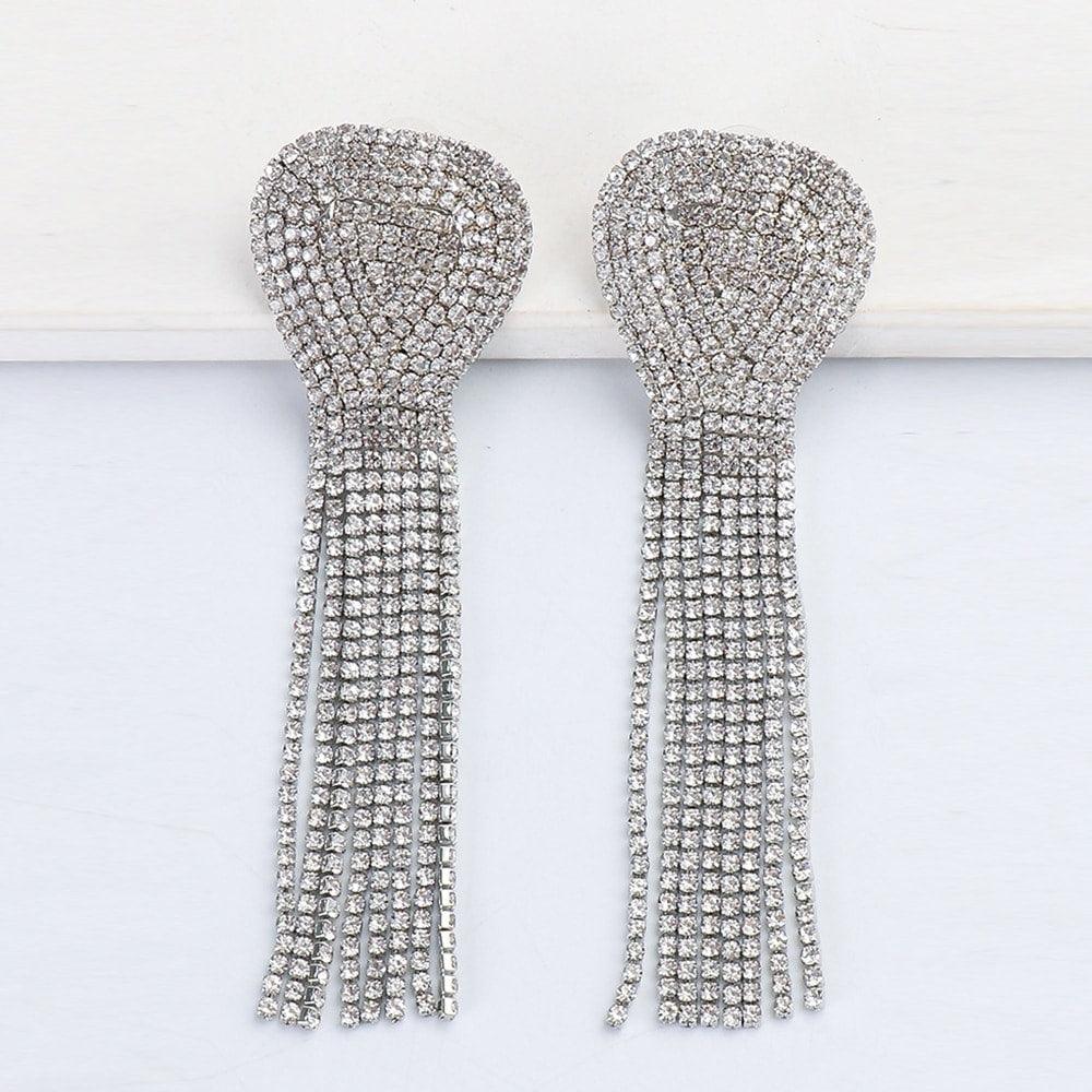 Cercei argintii, lungi, cu franjuri si pietre, Cindy C7 - Pursehuit.ro