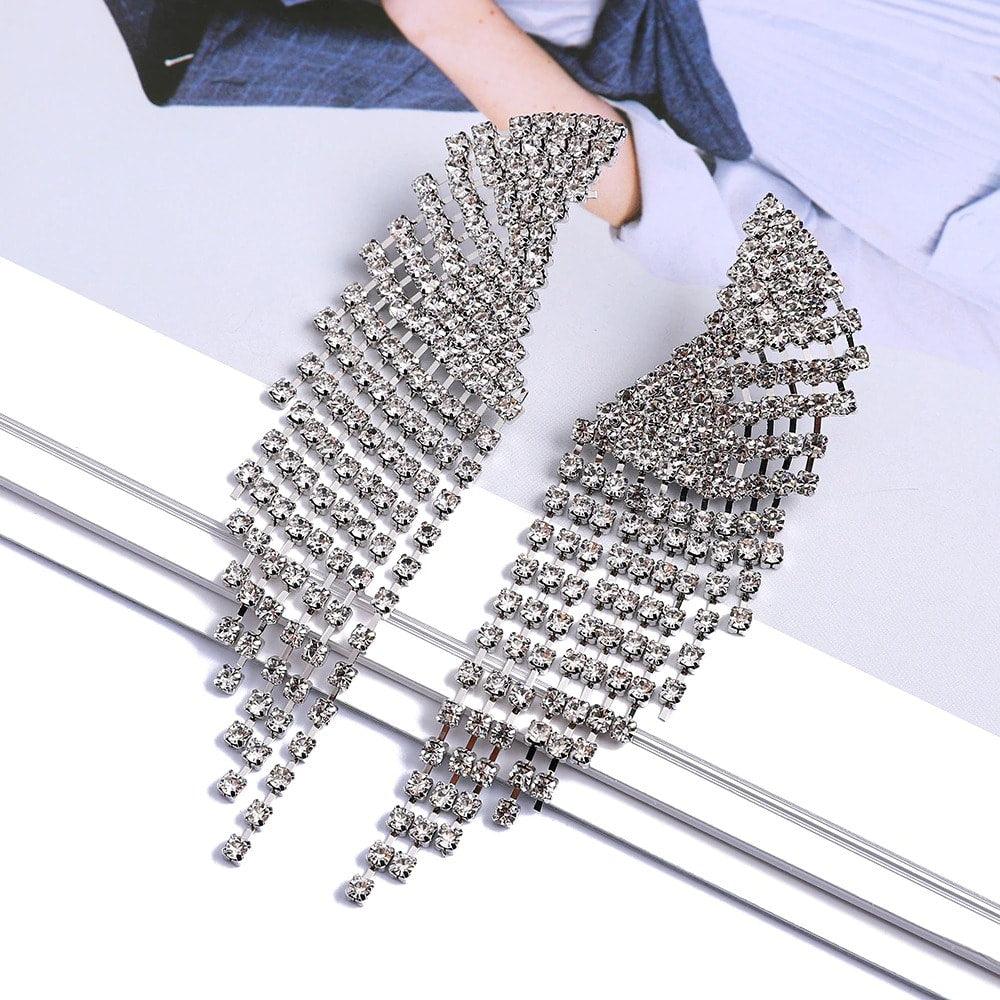 Cercei argintii, lungi, cu franjuri si pietre, Eunice C10 - Pursehuit.ro