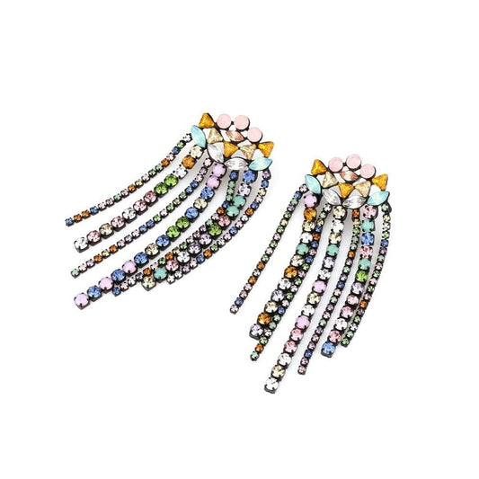 Cercei argintii, lungi, cu franjuri si pietre multicolore, Cesar C3 - Pursehuit.ro