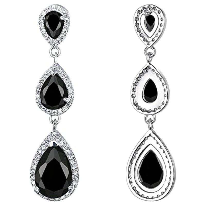 Cercei argintii, lungi, cu pietre negre din zirconiu, Magdalena C14 - Pursehuit.ro