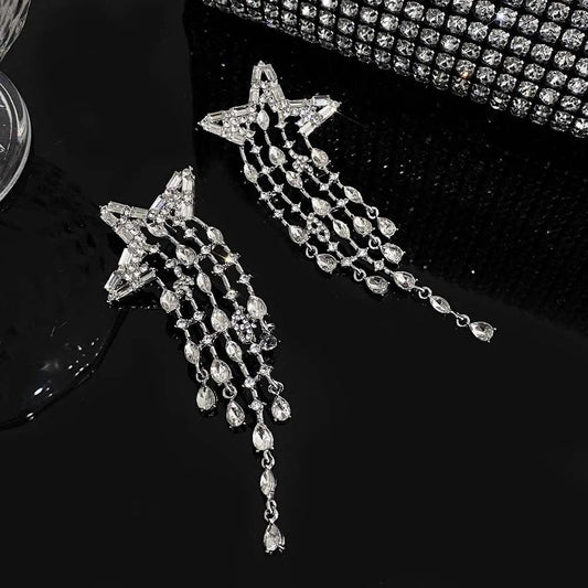 Cercei argintii, lungi, cu pietre si stele cazatoare, Magnella C8 - Pursehuit.ro