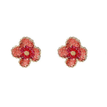 Cercei aurii, cu clips, forma de floare, cu cristale rosii, Eleen C3 - Pursehuit.ro
