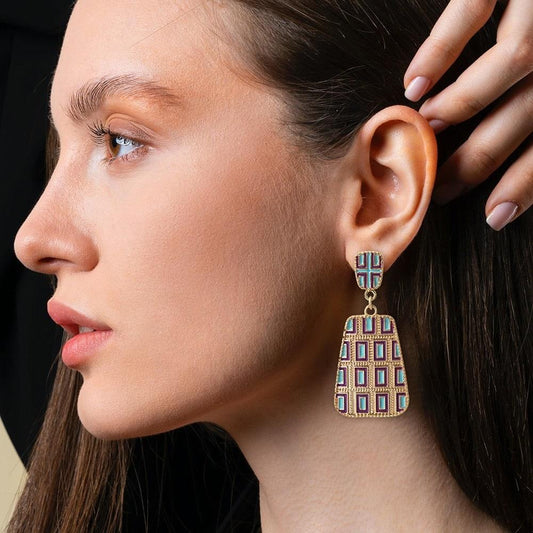 Cercei aurii, cu dreptunghiuri bleu, Henry C14 - Pursehuit.ro