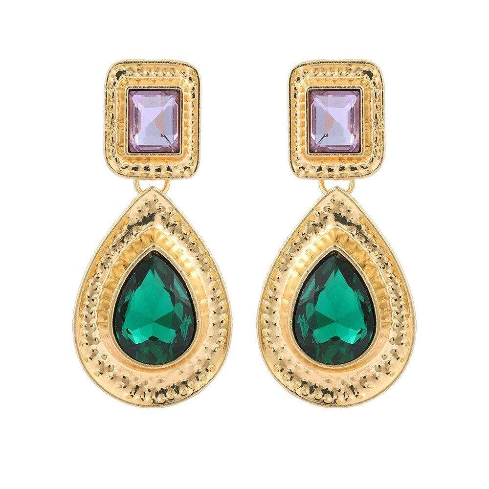 Cercei aurii, cu pietre verzi si mov, Sophi C6 - Pursehuit.ro
